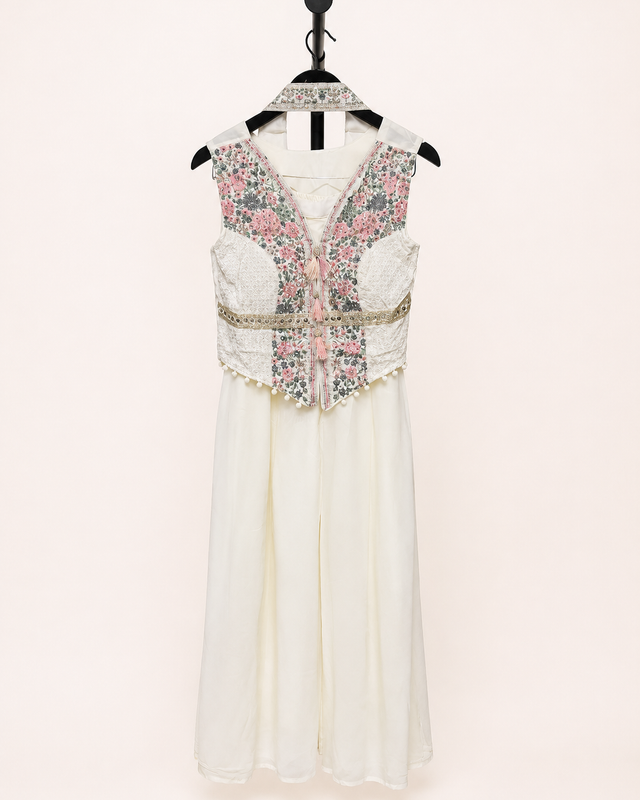 Ivory White Embellished Vest Palazzo Set