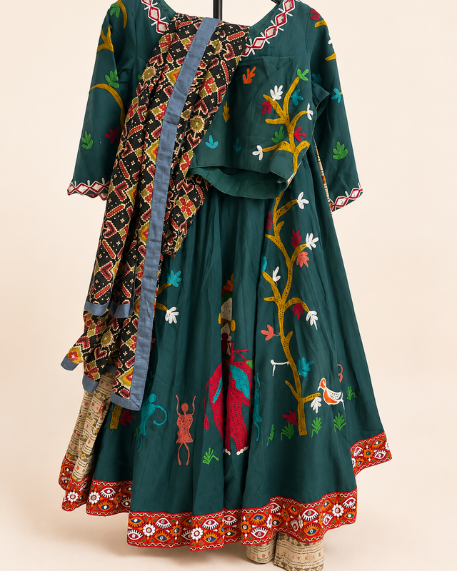 Green Garba Lehenga Set Folk Style