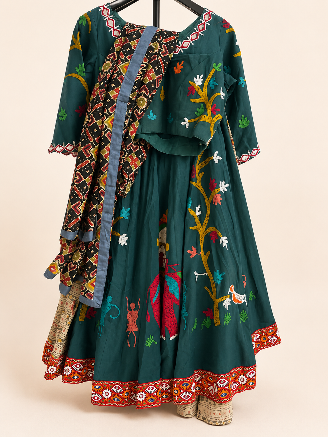 Green Garba Lehenga Set Folk Style