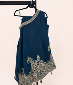 Asymmetrical Cut Navy Blue and Gold Embroidery Tassled Top