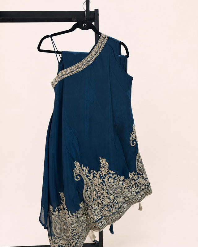Asymmetrical Cut Navy Blue and Gold Embroidery Tassled Top