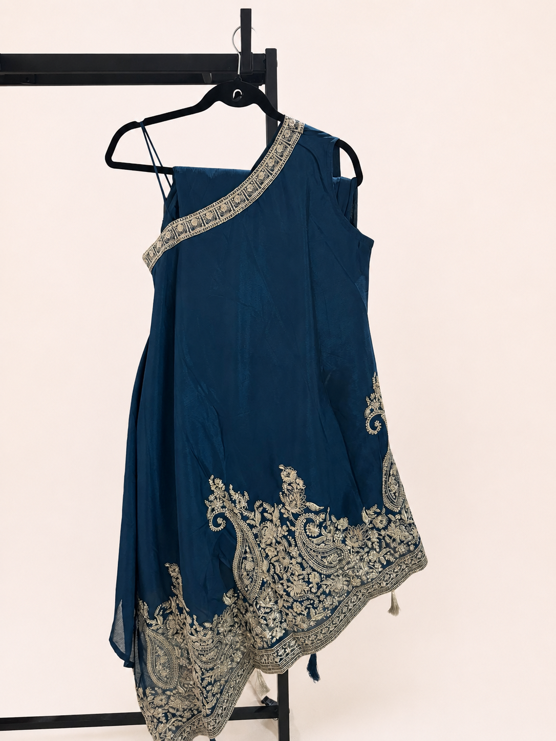 Asymmetrical Cut Navy Blue and Gold Embroidery Tassled Top