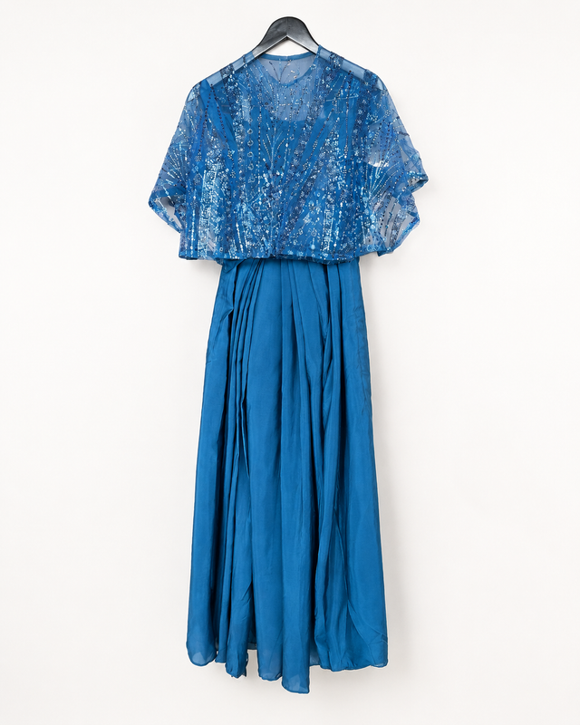 Blue Crop Top Blouse with Skirt and Cape as Dupatta