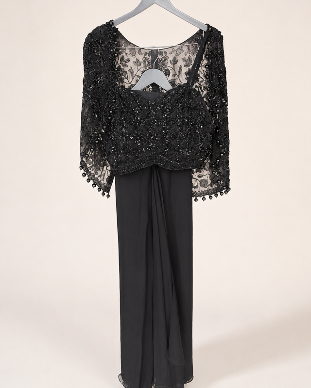 Black Embellished Cape Sleeve Palazzo Set