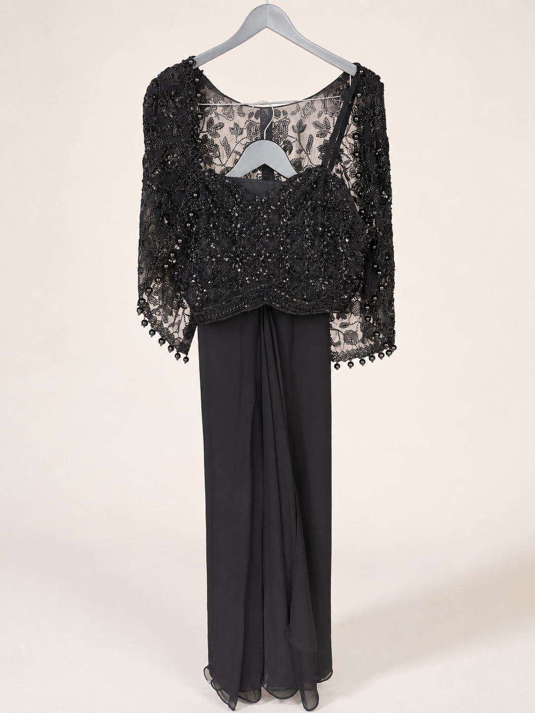 Black Embellished Cape Sleeve Palazzo Set