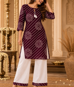 Leheriya Striped Bloom Kurta Palazzo Set in Purple