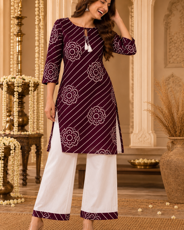 Leheriya Striped Bloom Kurta Palazzo Set in Purple