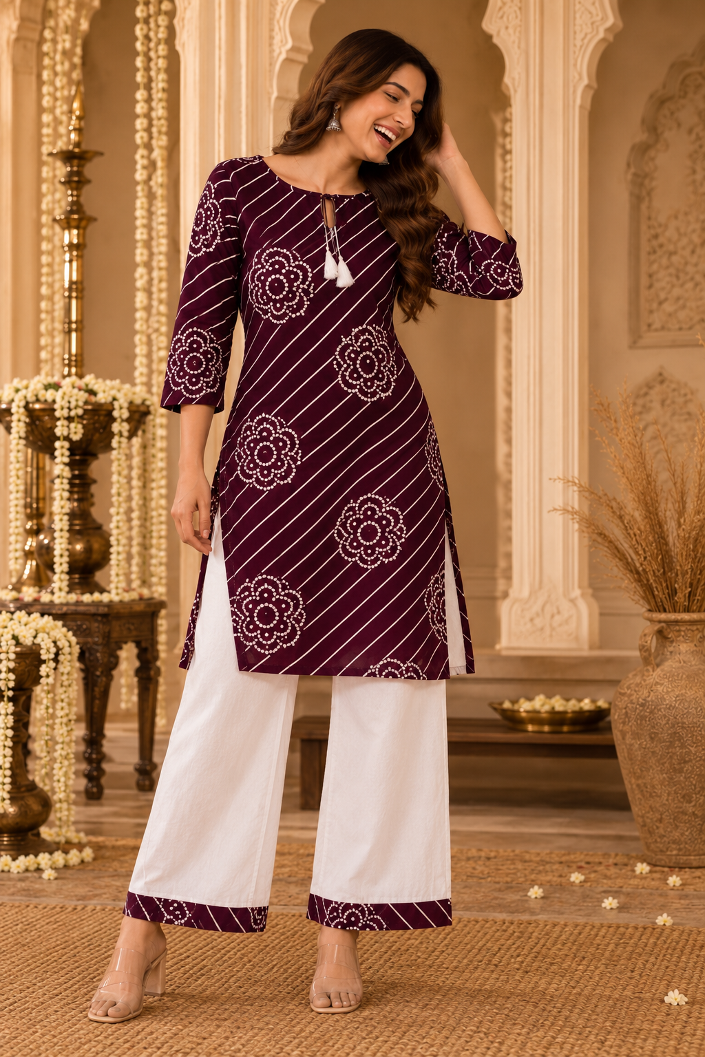 Leheriya Striped Bloom Kurta Palazzo Set in Purple