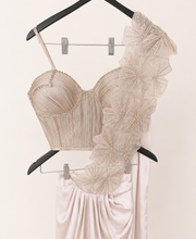 Champagne Rose Gold Wire Crop Top with Flower Dupatta Pre-Stiched- Saree