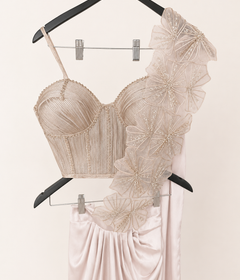 Champagne Rose Gold Wire Crop Top with Flower Dupatta Pre-Stiched- Saree