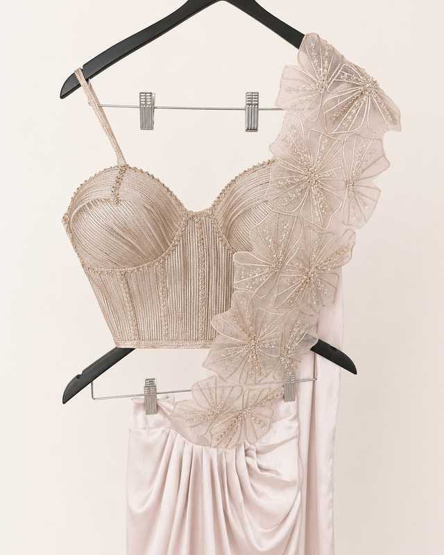 Champagne Rose Gold Wire Crop Top with Flower Dupatta Pre-Stiched- Saree