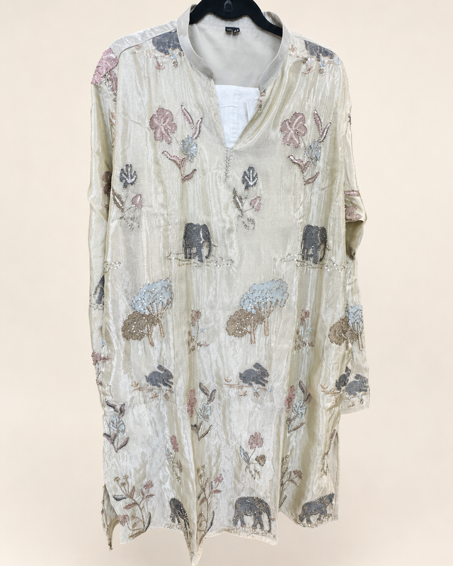 Floral and Hathi Tissue Silk Mens Kurta With Lining and Pant