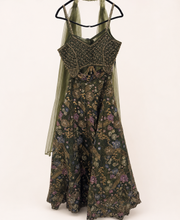 Dark Green Heavy Floral Lehenga Set with Beaded Top and Choker Dupatta Net