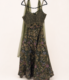 Dark Green Heavy Floral Lehenga Set with Beaded Top and Choker Dupatta Net