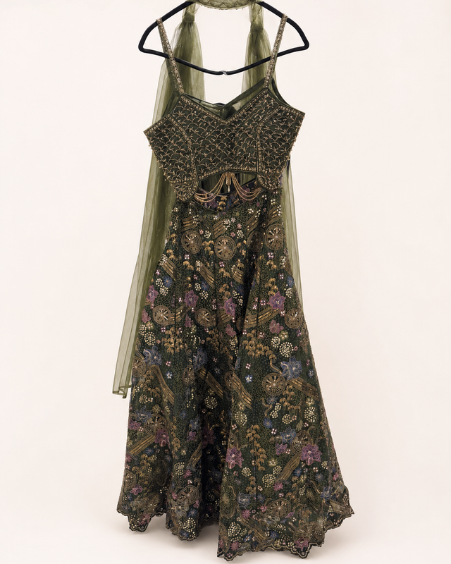 Dark Green Heavy Floral Lehenga Set with Beaded Top and Choker Dupatta Net