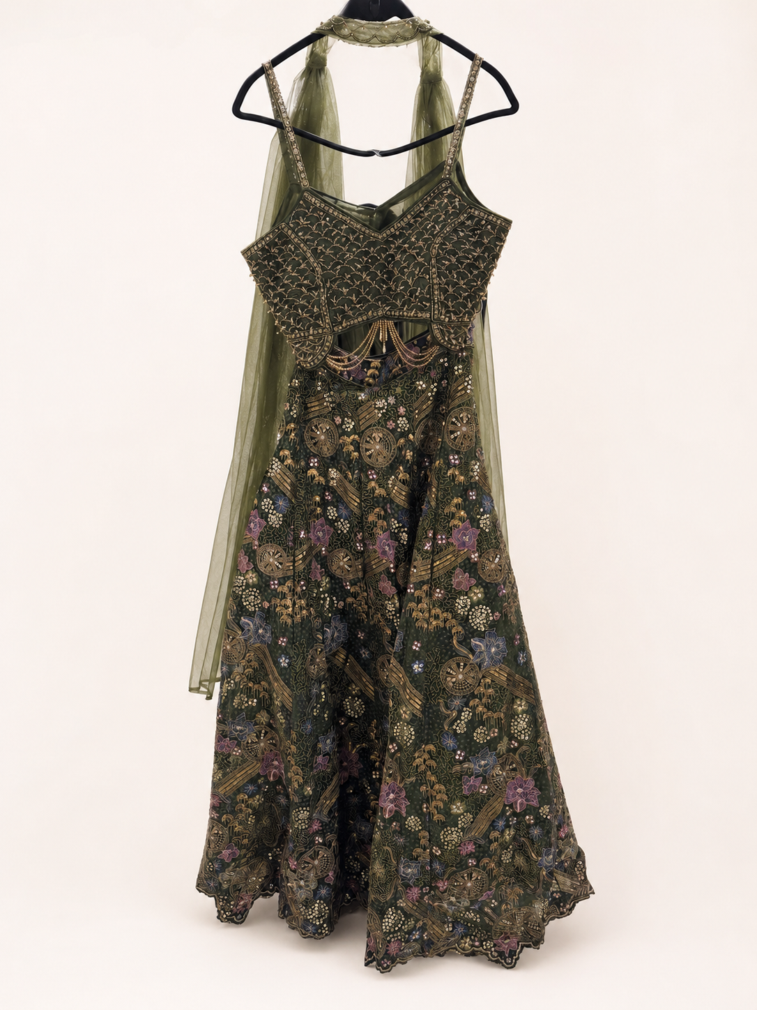 Dark Green Heavy Floral Lehenga Set with Beaded Top and Choker Dupatta Net