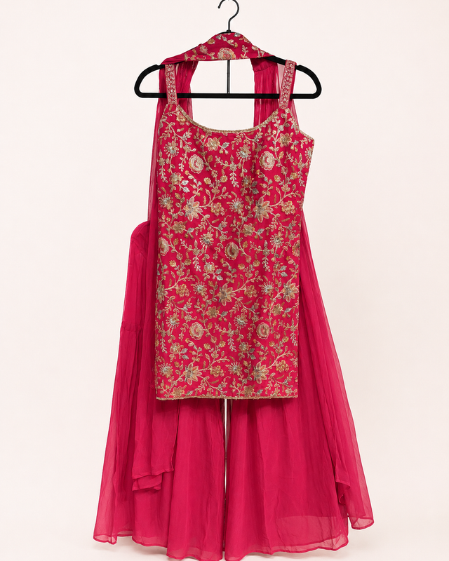 Hot Pink Heavy Embroidered Deluxe Palazzo Set with choker Dupatta