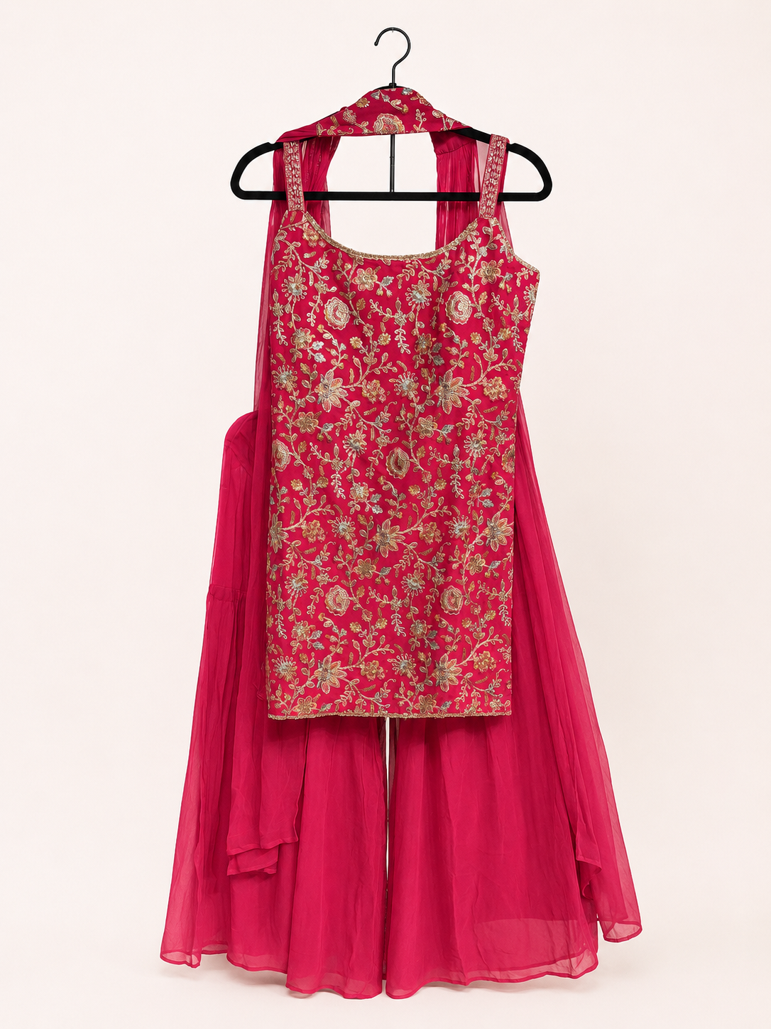 Hot Pink Heavy Embroidered Deluxe Palazzo Set with choker Dupatta