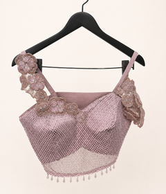Peach Satin Pre-Stiched  Saree with Net Top and Dangling Beads . Simple floral Design