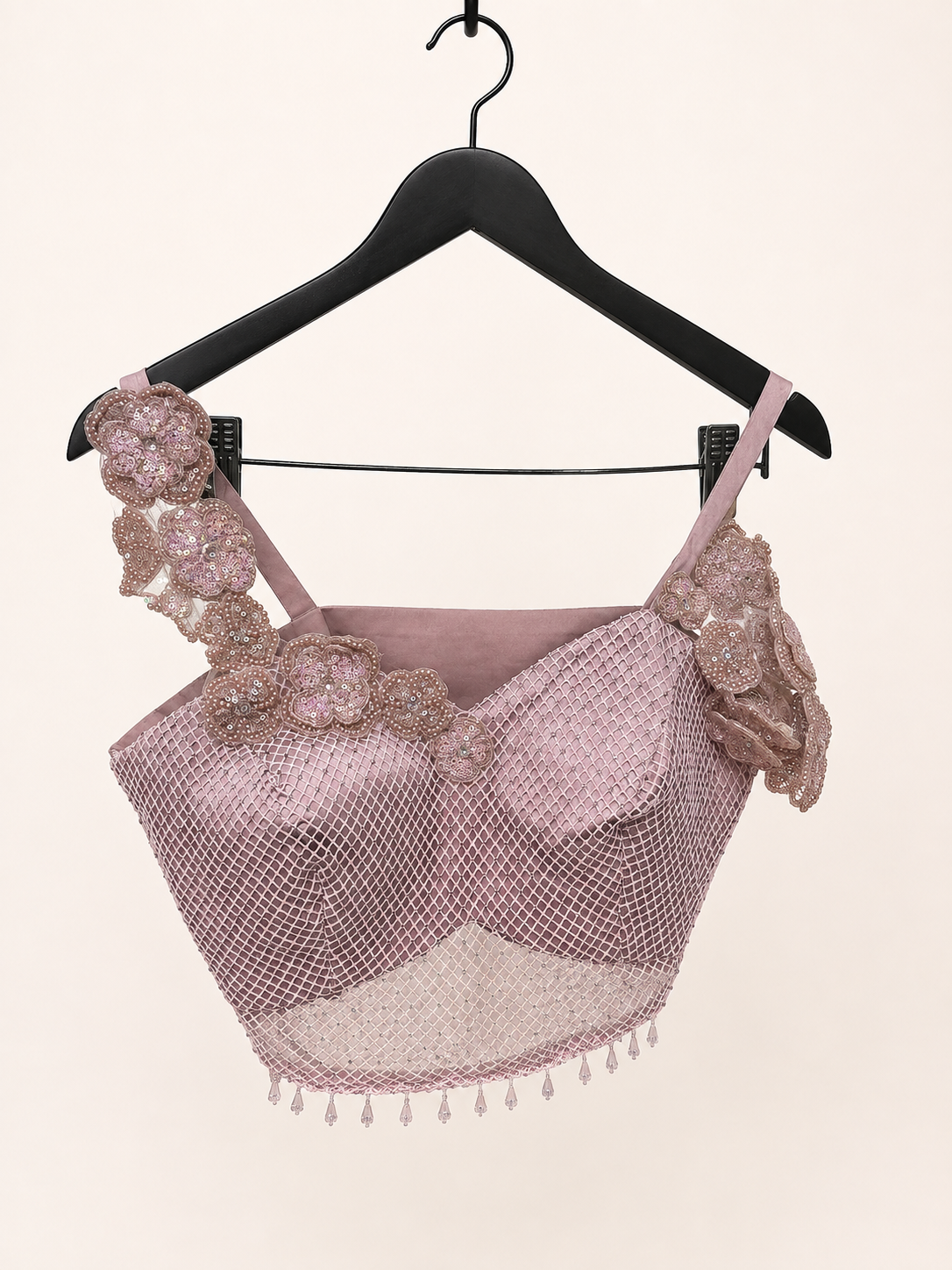 Peach Satin Pre-Stiched  Saree with Net Top and Dangling Beads . Simple floral Design