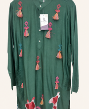 Mens Green Folk Garba Cotton Kurta with Tassle