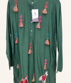 Mens Green Folk Garba Cotton Kurta with Tassle