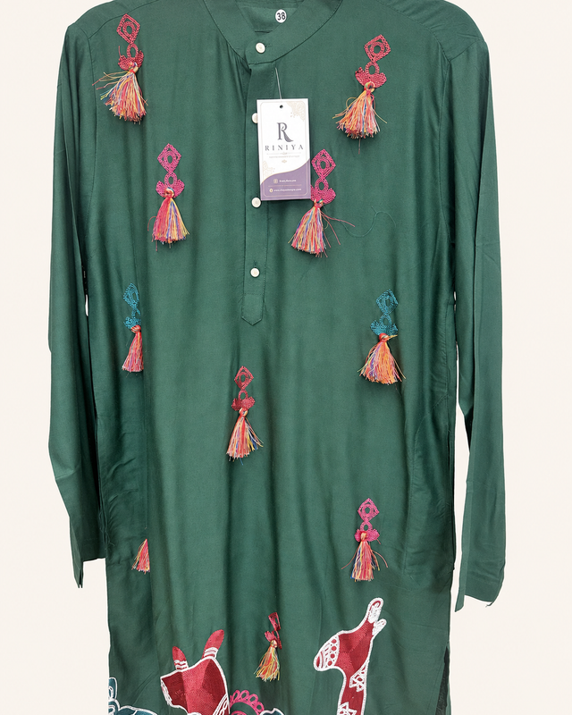 Mens Green Folk Garba Cotton Kurta with Tassle