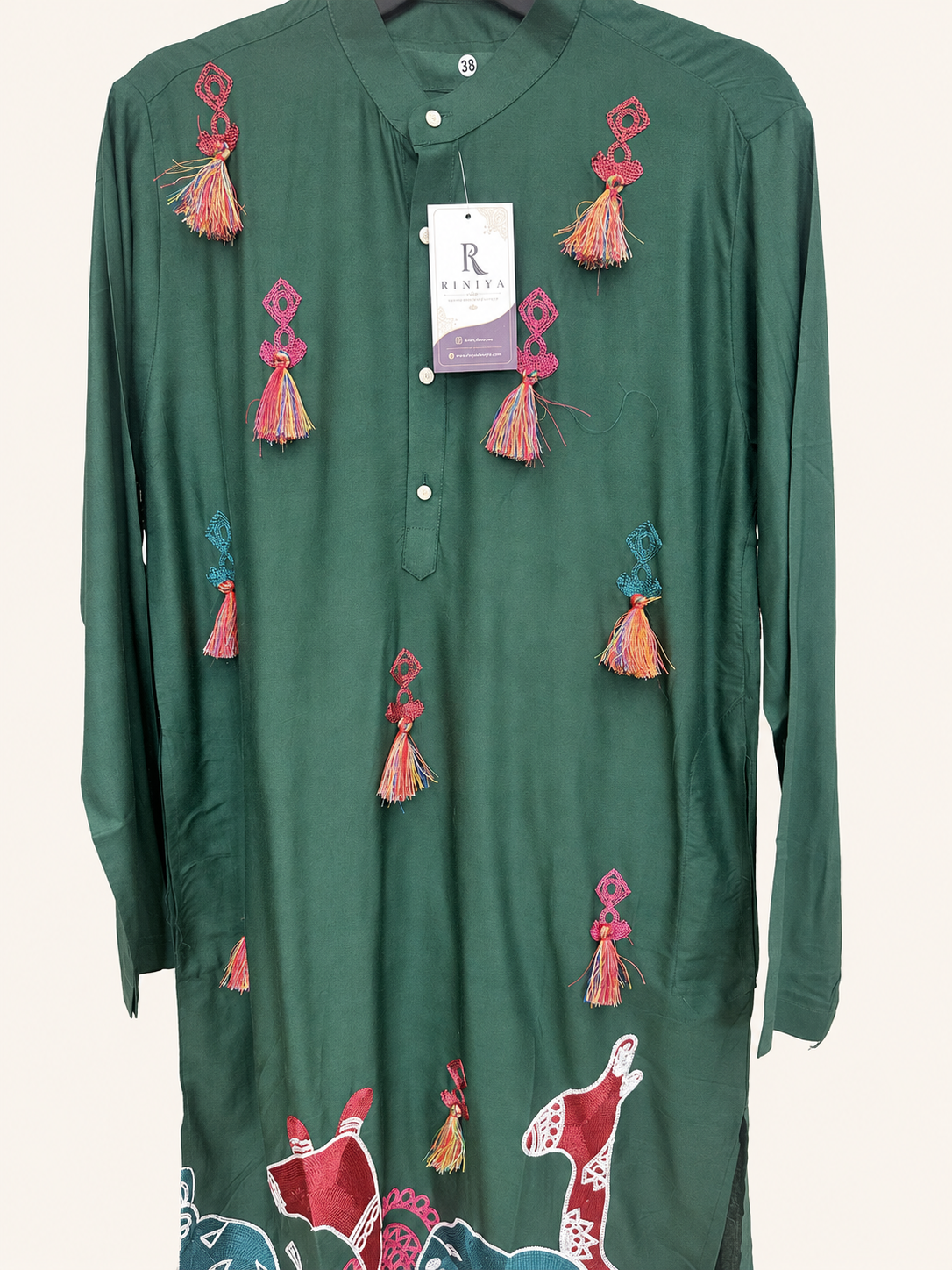 Mens Green Folk Garba Cotton Kurta with Tassle