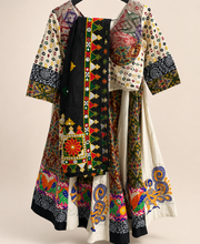 White Folk Colorful Garba Lehenga Set With Black Dupatta