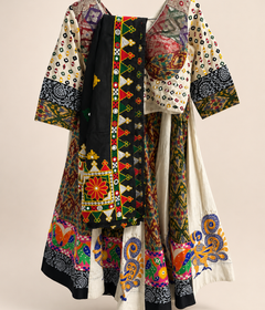 White Folk Colorful Garba Lehenga Set With Black Dupatta