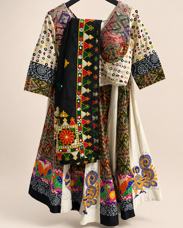 White Folk Colorful Garba Lehenga Set With Black Dupatta