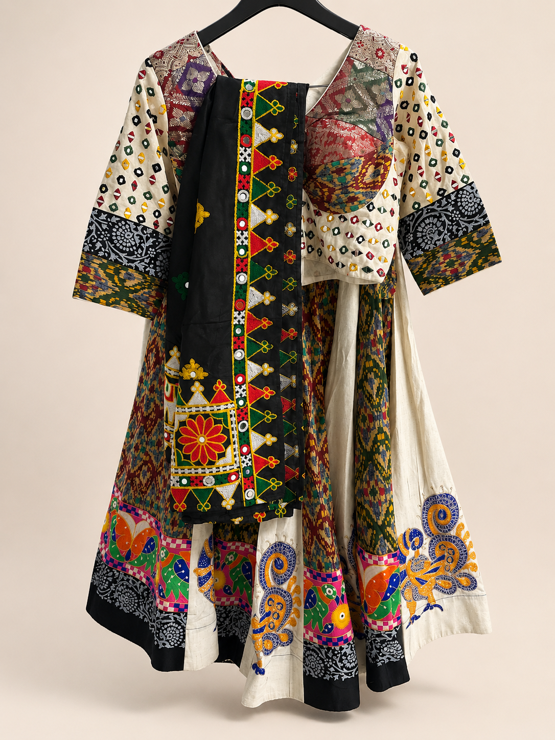 White Folk Colorful Garba Lehenga Set With Black Dupatta