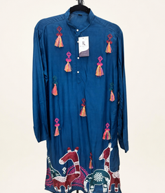 Mens Blue Folk Garba Cotton Kurta with Tassle