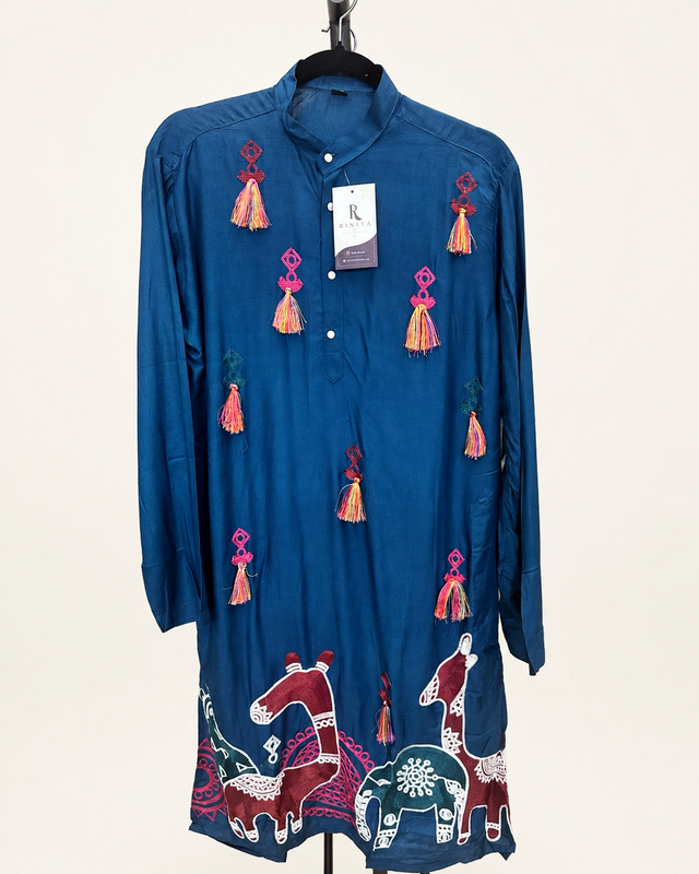 Mens Blue Folk Garba Cotton Kurta with Tassle
