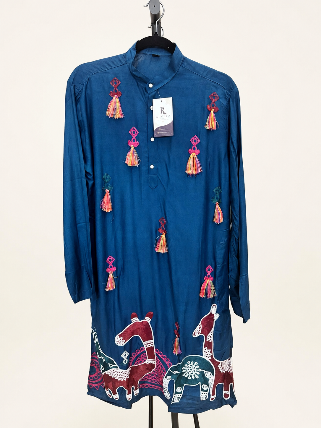 Mens Blue Folk Garba Cotton Kurta with Tassle