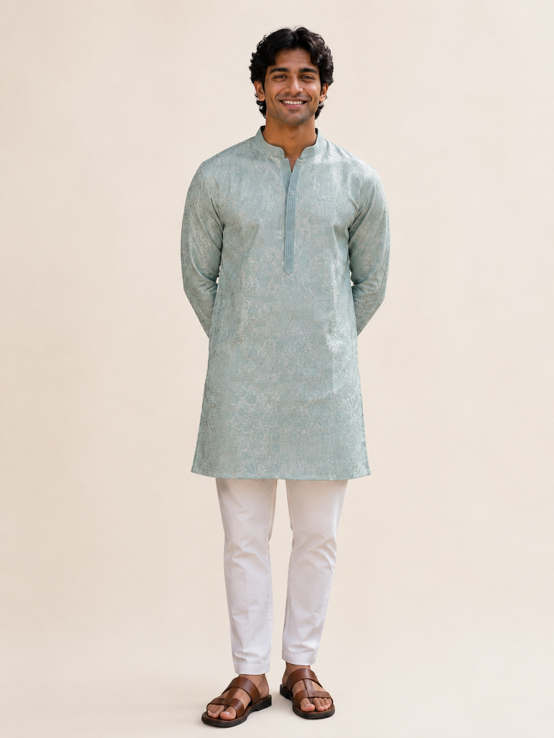 Baby Blue Traditional Elephant Pattern Deluxe Kurta