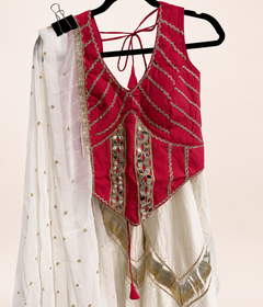 Red and White Cross Cut Choli Design with Sleeveless Top