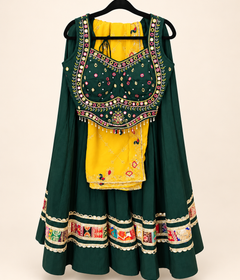 Green Garba Lehenga Set with Yellow Dupatta Traditional Folk