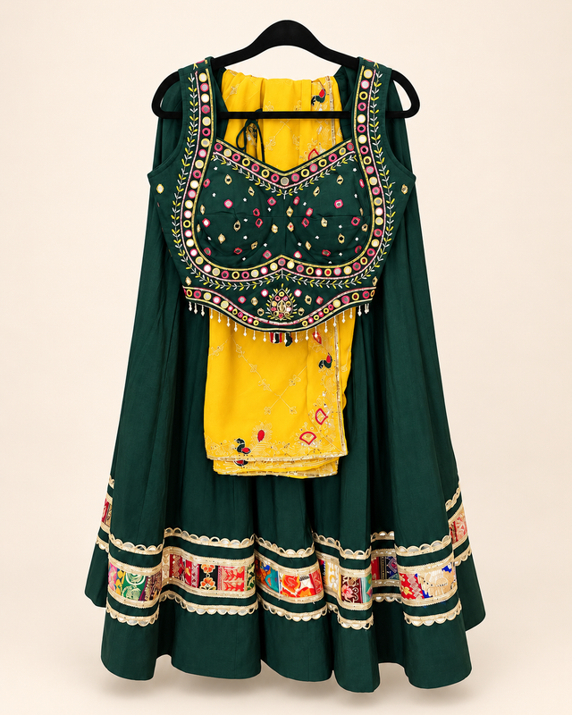 Green Garba Lehenga Set with Yellow Dupatta Traditional Folk
