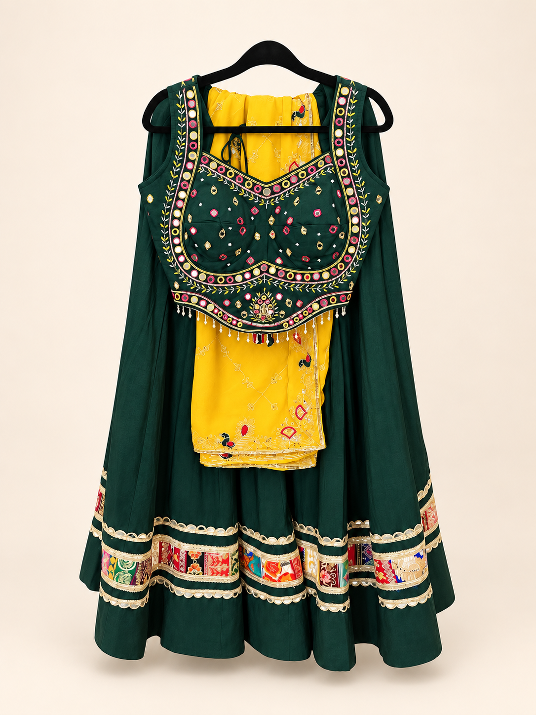 Green Garba Lehenga Set with Yellow Dupatta Traditional Folk
