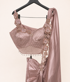Peach Satin Pre-Stiched  Saree with Net Top and Dangling Beads . Simple floral Design
