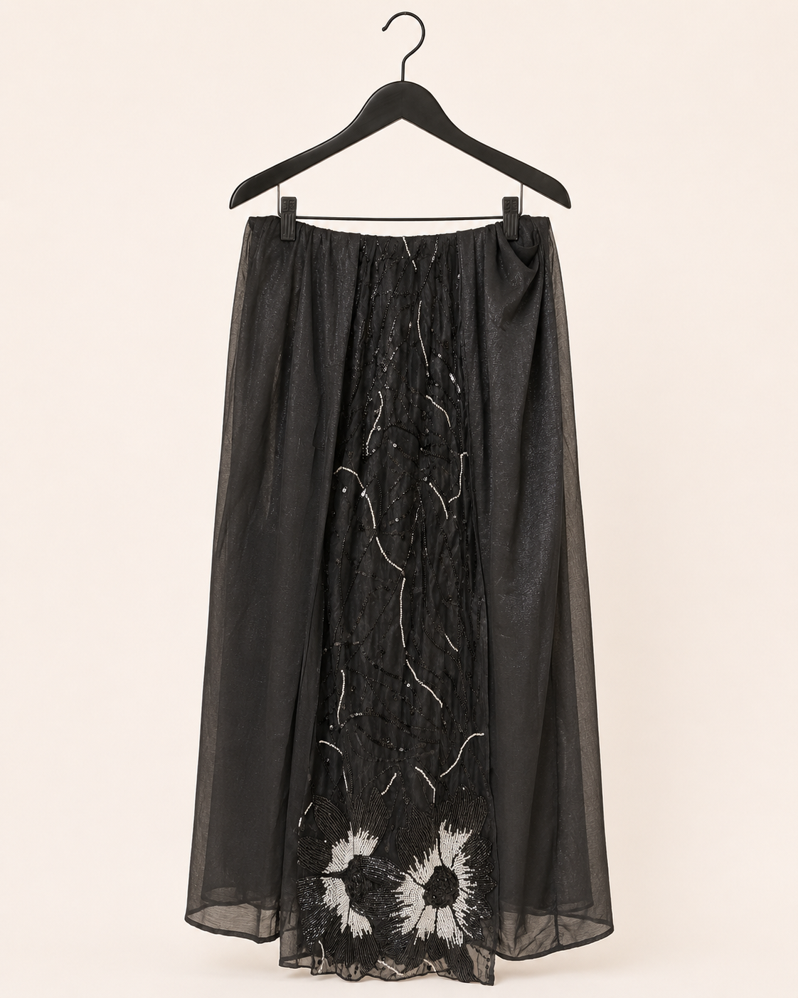 Black Floral Stone Sequence Sleeveless Top Attached Dupatta