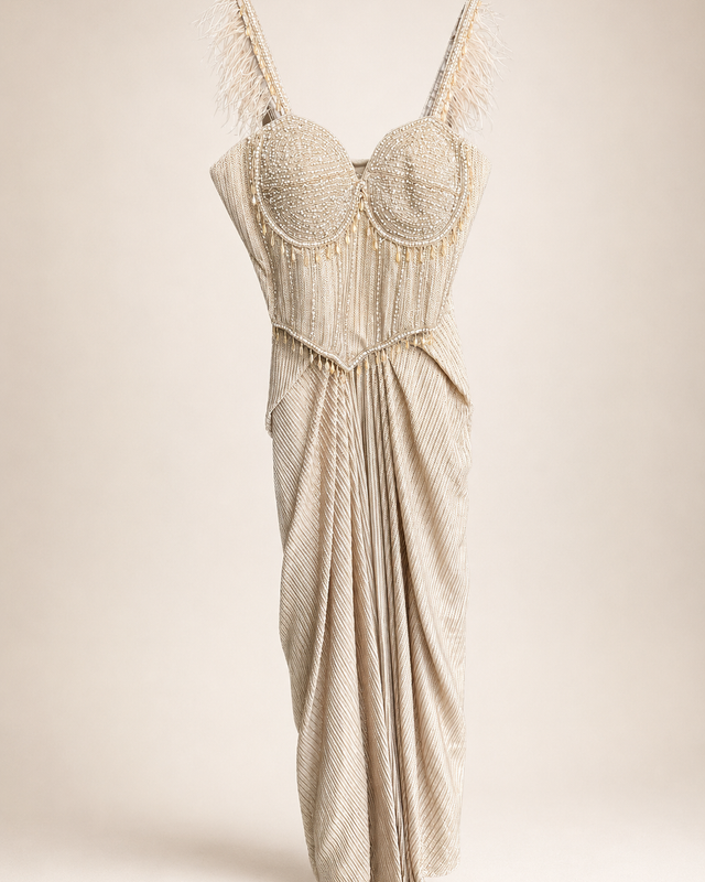 Golden Feather Sleeve Corset Saree