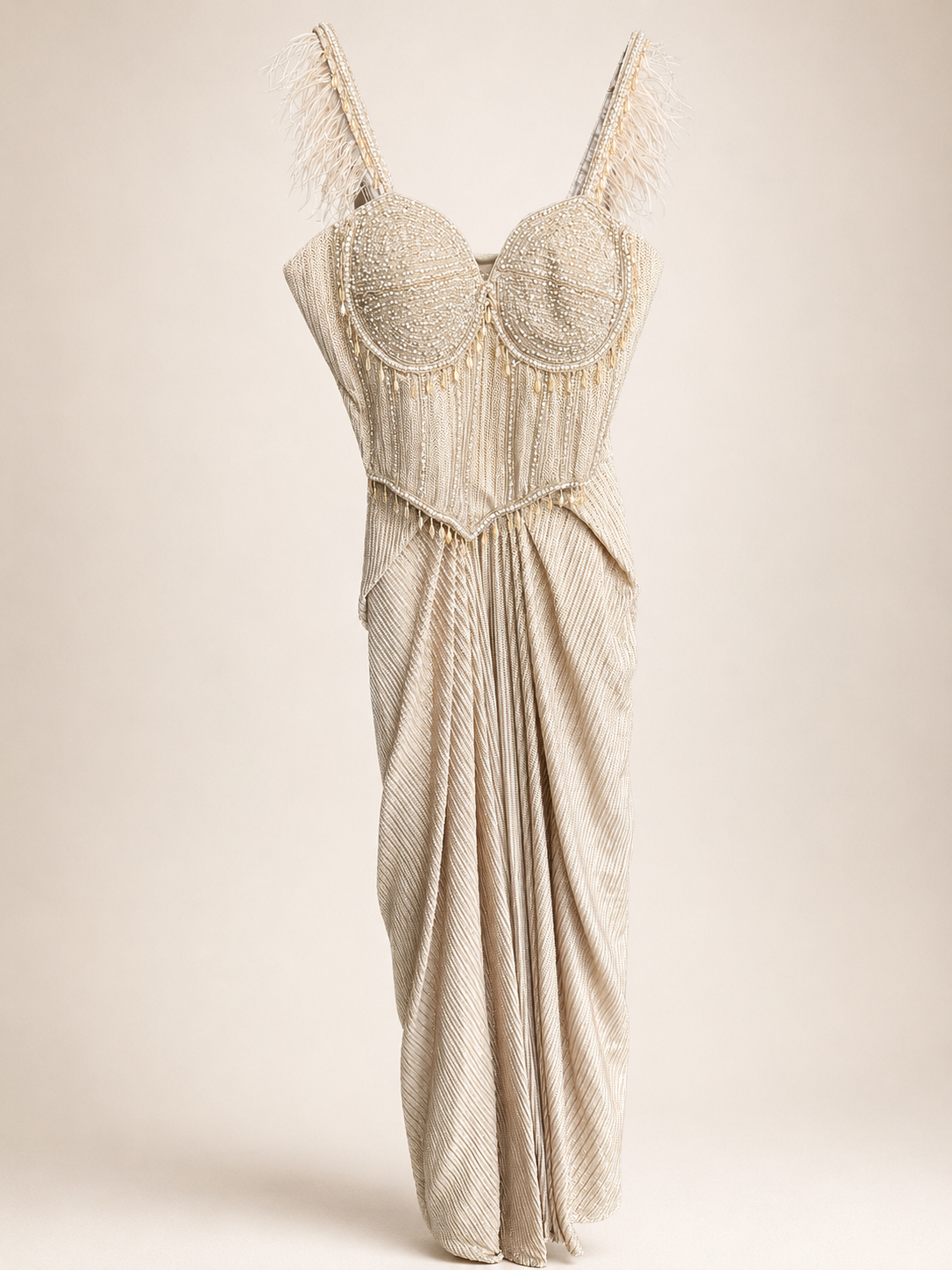 Golden Feather Sleeve Corset Saree