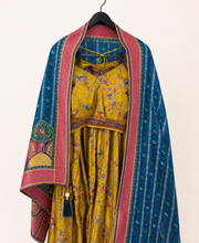 Mustard Yellow Traditional Animals with Blue Dupatta Soft Material Lehenga Set