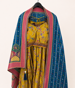Mustard Yellow Traditional Animals with Blue Dupatta Soft Material Lehenga Set