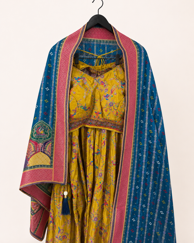 Mustard Yellow Traditional Animals with Blue Dupatta Soft Material Lehenga Set