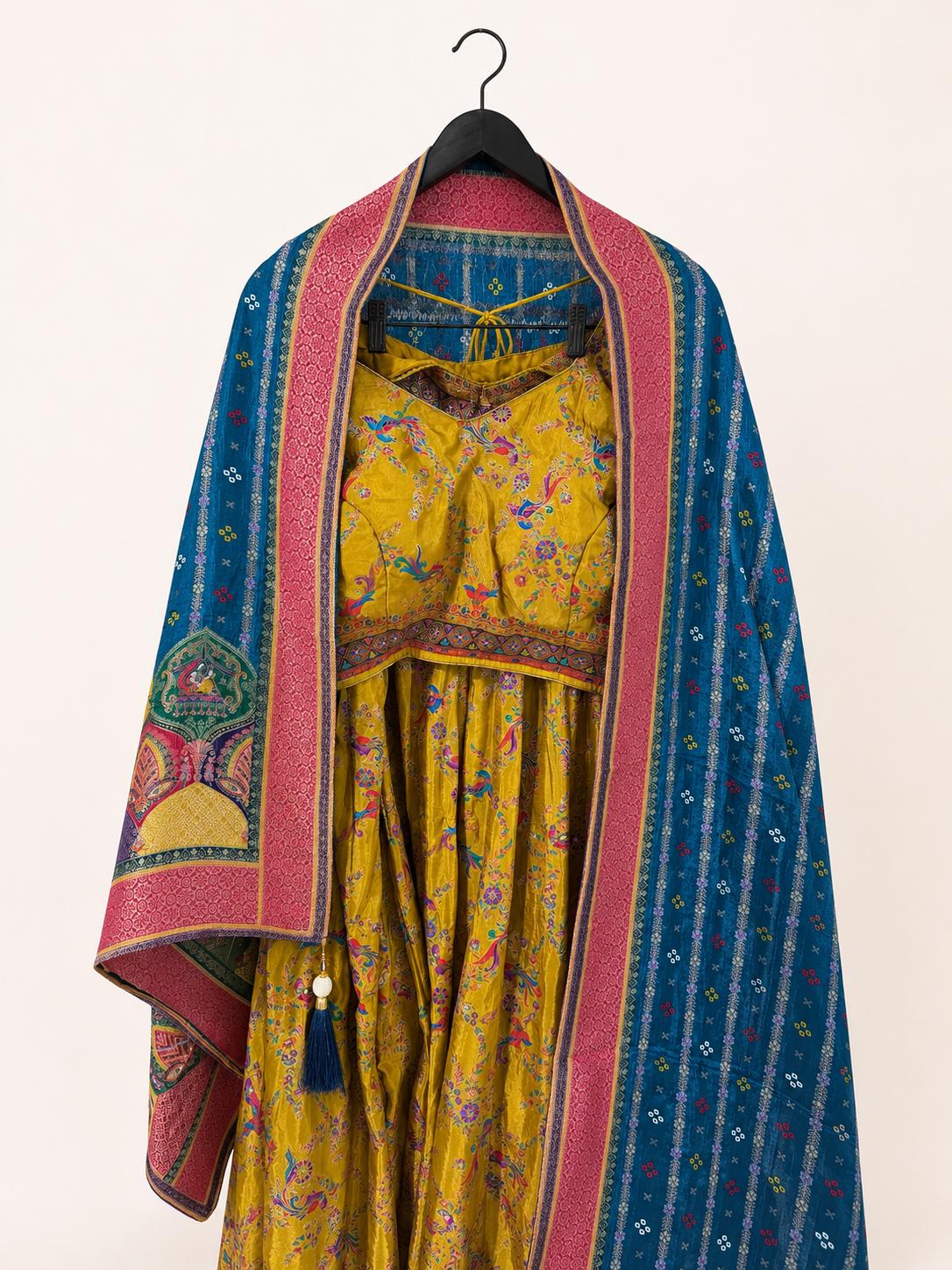 Mustard Yellow Traditional Animals with Blue Dupatta Soft Material Lehenga Set