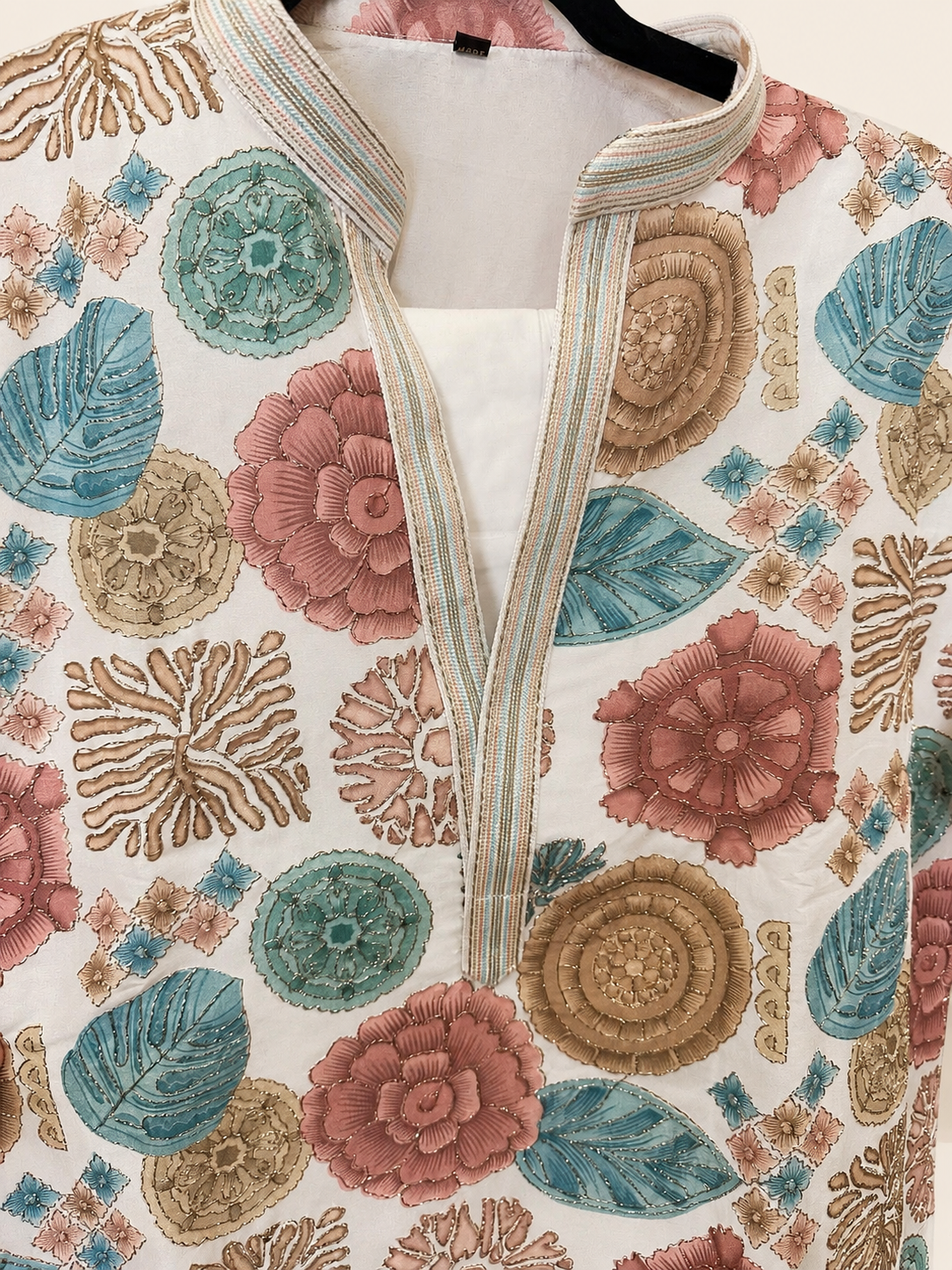 Mens White Kurta with Floral Heavy Design