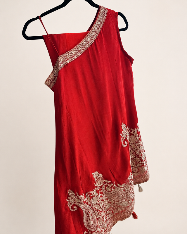 Asymmetrical Cut Burnt Orange with Gold Embroidery and Tassled Top